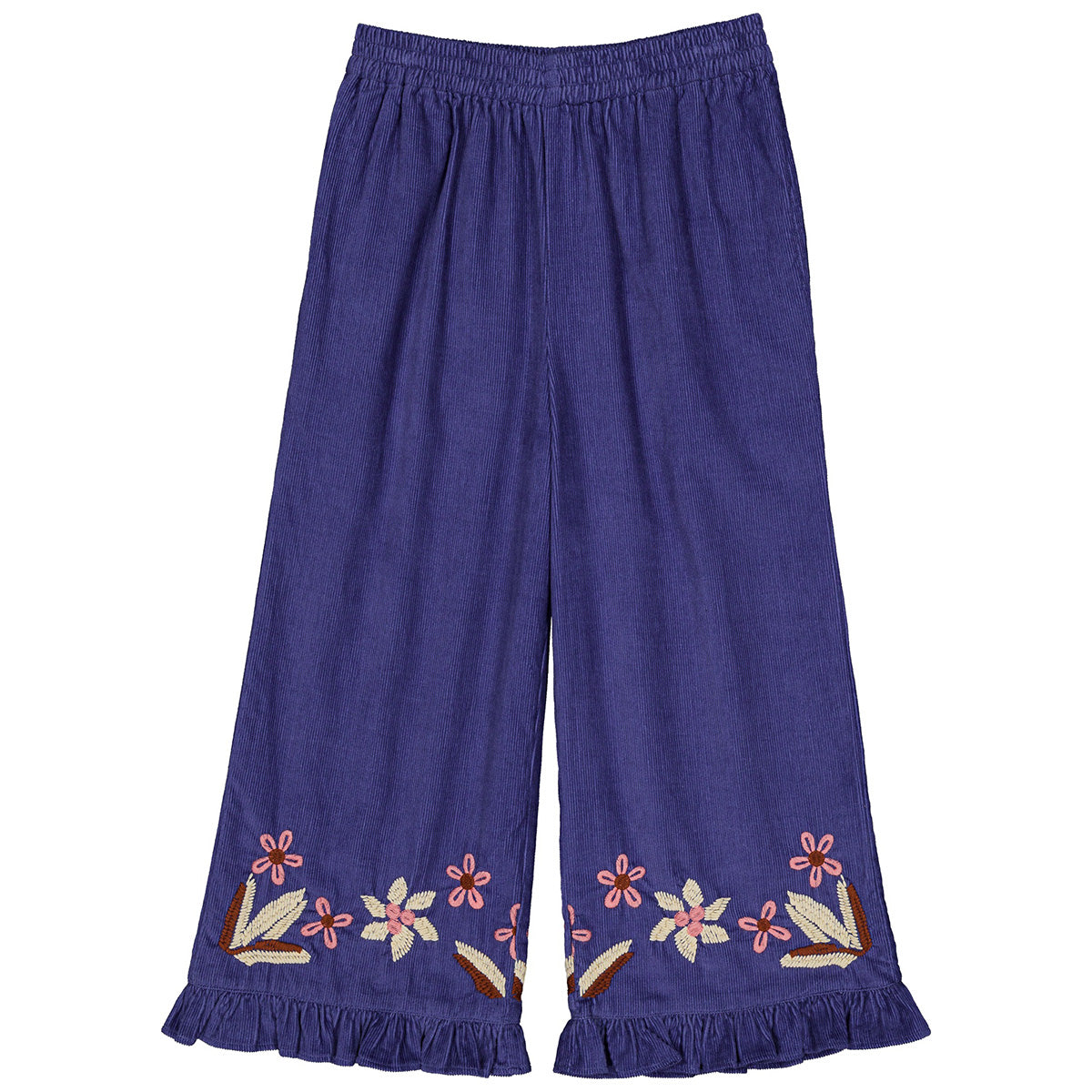 Hello Simone The Malika Pants wide-leg corduroy with floral embroidery, pockets and flounced hem