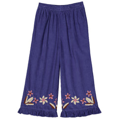 Hello Simone The Malika Pants wide-leg corduroy with floral embroidery, pockets and flounced hem