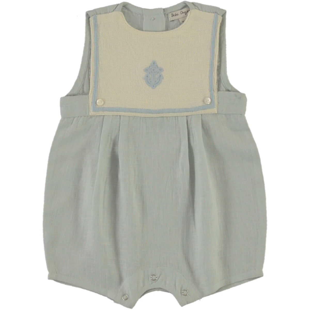 The Malo Romper by Bebe Organic, light blue baby romper with sleeveless cut, embroidered bib panel, and snap closures.