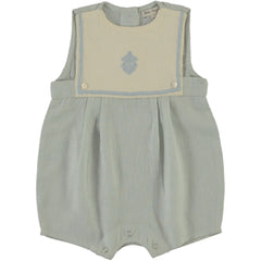 The Malo Romper by Bebe Organic, light blue baby romper with sleeveless cut, embroidered bib panel, and snap closures.