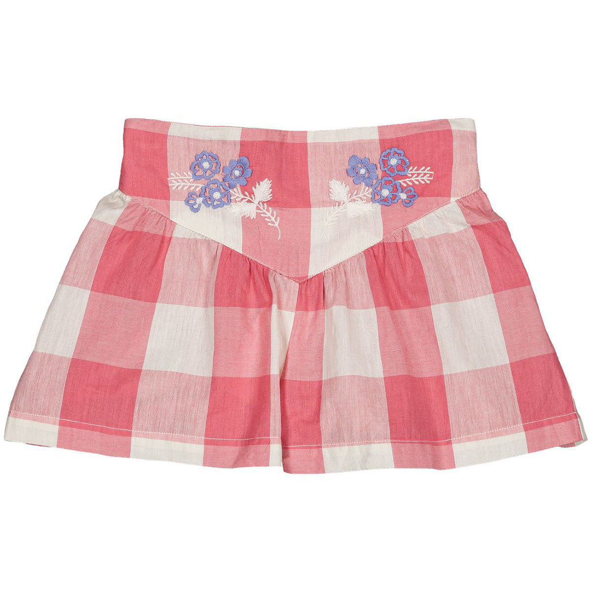 Marlow Short by Hello Simone in pink check with floral embroidery and soft gathered silhouette.