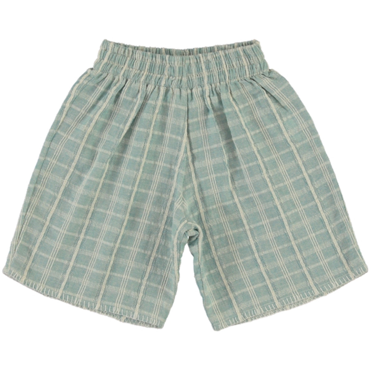 The Mathias Short by Bebe Organic, light blue check kids shorts with elastic waistband and relaxed fit.