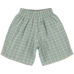The Mathias Short by Bebe Organic, light blue check kids shorts with elastic waistband and relaxed fit.