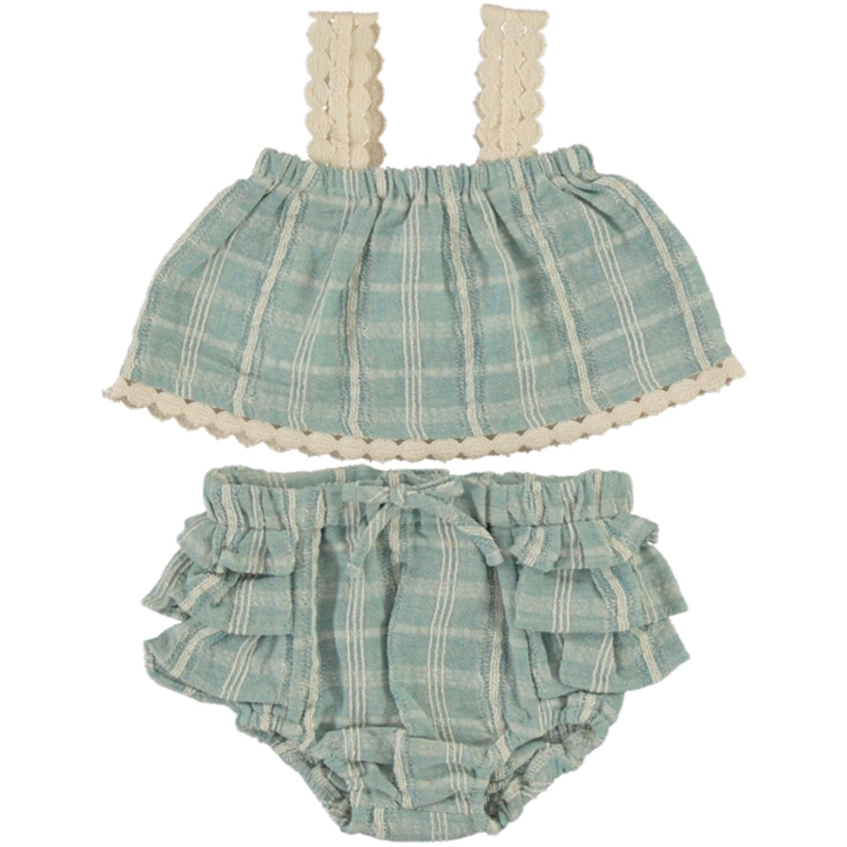 The Mia Baby Set by Bebe Organic, light blue check baby top and bloomer set with lace trim straps and ruffled details.