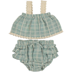 The Mia Baby Set by Bebe Organic, light blue check baby top and bloomer set with lace trim straps and ruffled details.