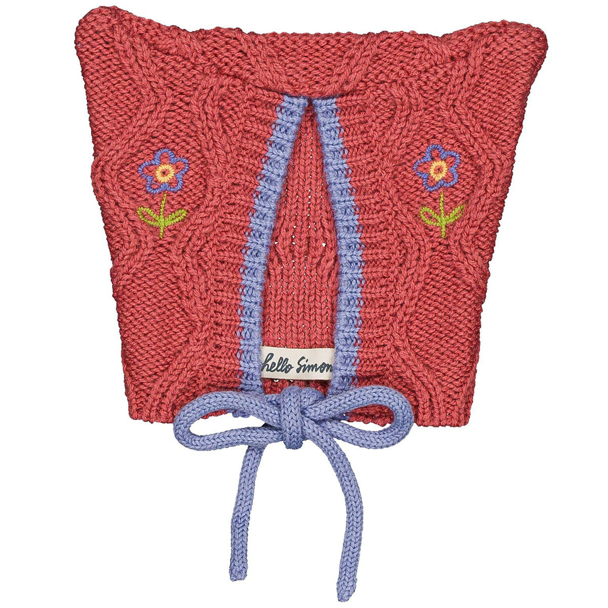 The Michy Hat from Hello Simone with embroidered flowers, drawstring ties, and cable-knit design.