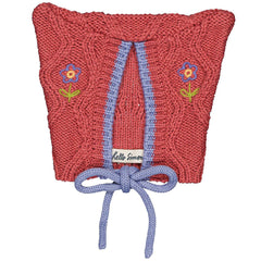 The Michy Hat from Hello Simone with embroidered flowers, drawstring ties, and cable-knit design.