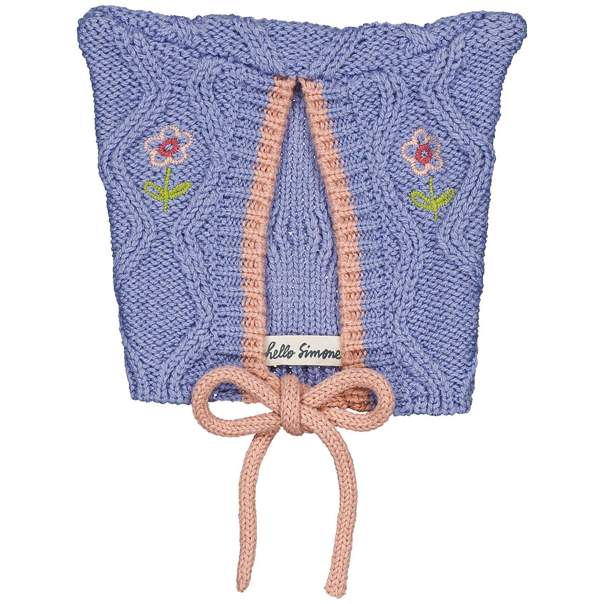The Michy Hat from Hello Simone with embroidered flowers, drawstring ties, and cable-knit design.