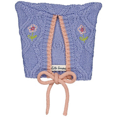 The Michy Hat from Hello Simone with embroidered flowers, drawstring ties, and cable-knit design.