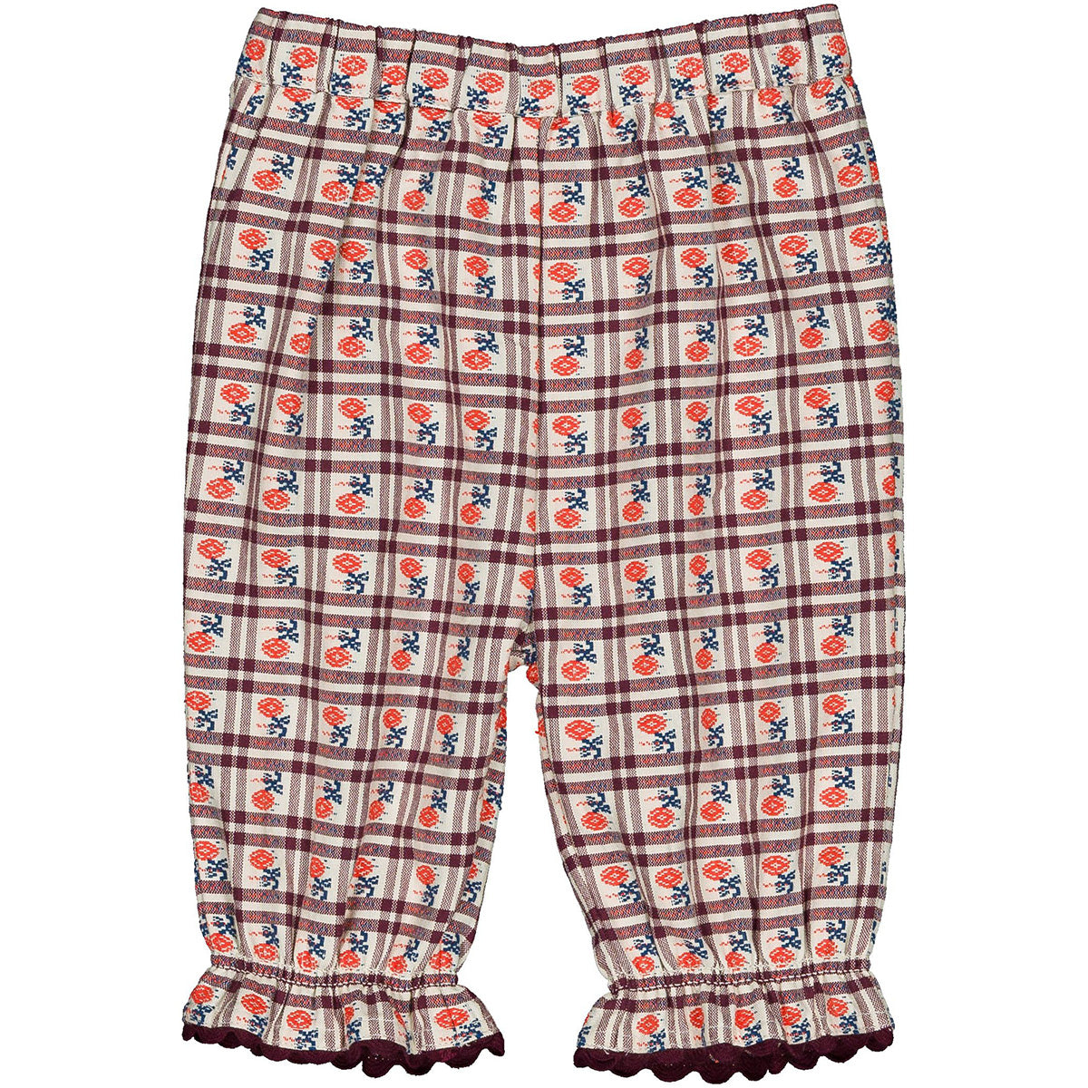 Mignon Baby Pants by Hello Simone in jacquard cotton with flounced ankles and ric rac trim.