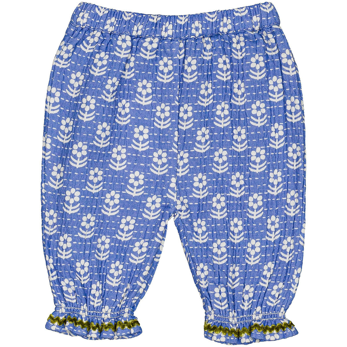 Mignon Baby Pants by Hello Simone in jacquard cotton with flounced ankles and ric rac trim.