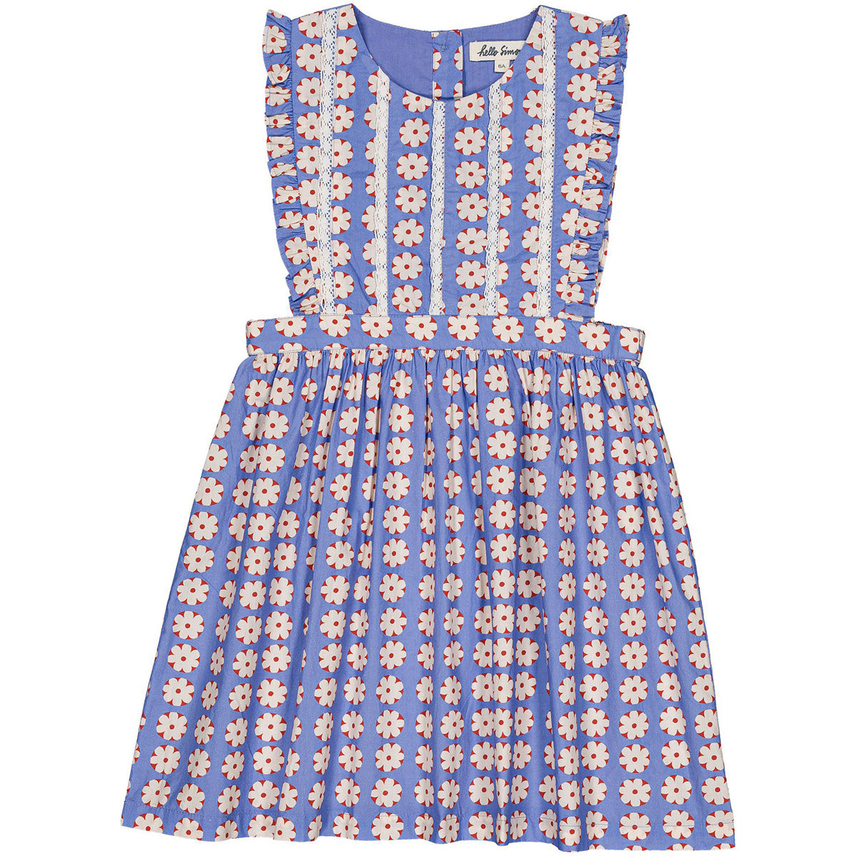 Minouche Dress by Hello Simone in blue floral print with lace trim and ruffled shoulder details.