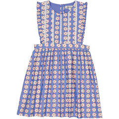 Minouche Dress by Hello Simone in blue floral print with lace trim and ruffled shoulder details.