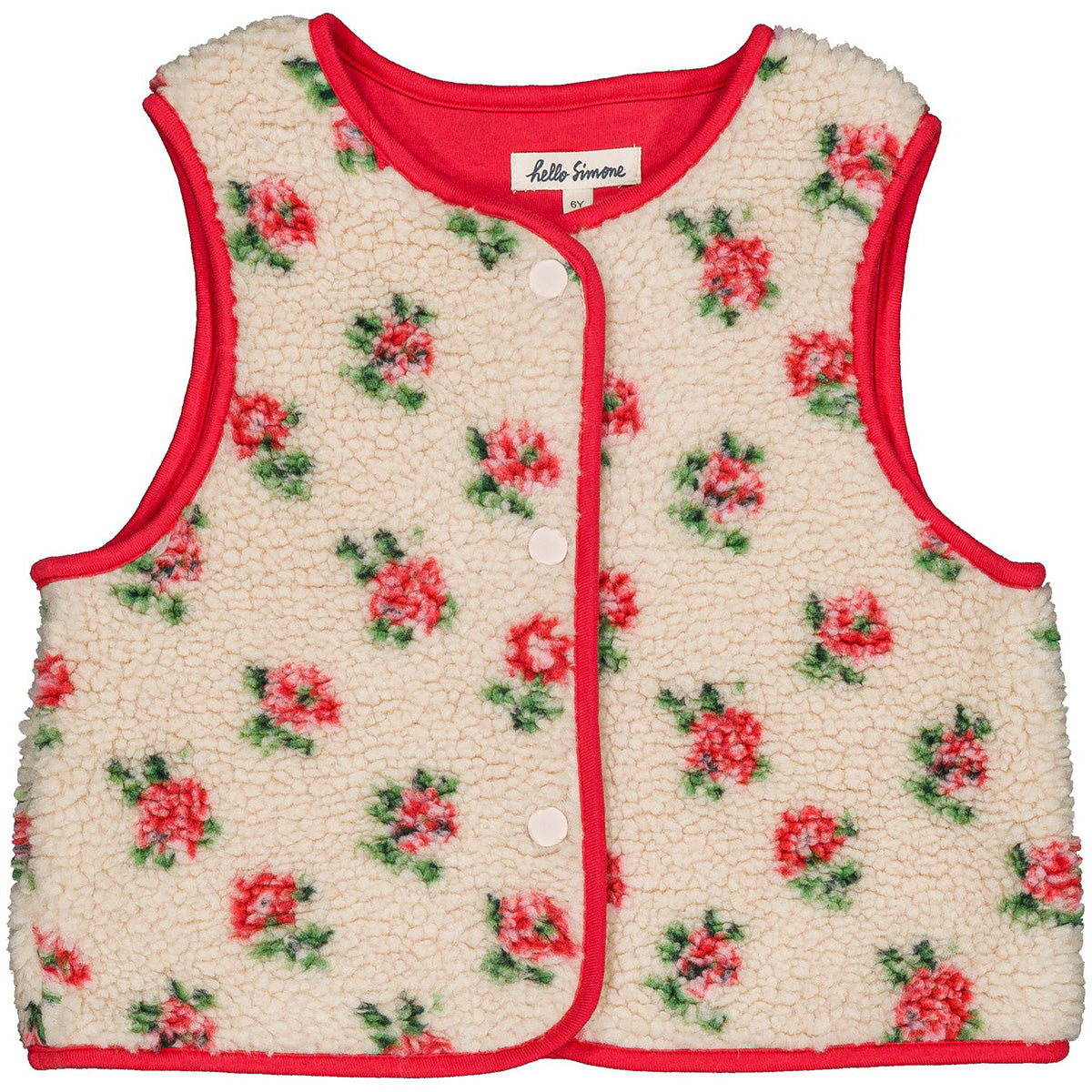 Mira Fleece Vest by Hello Simone with printed fleece, snap closure and contrasting jersey trim.