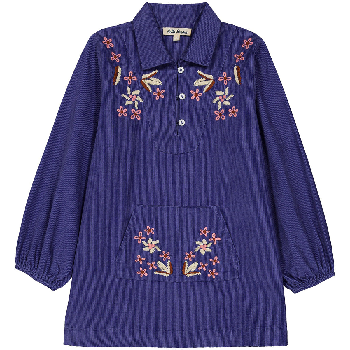Mina Dress by Hello Simone in baby corduroy with floral embroidery and kangaroo pocket.