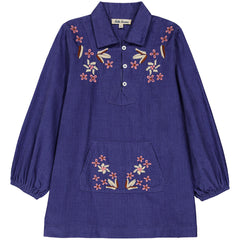 Mina Dress by Hello Simone in baby corduroy with floral embroidery and kangaroo pocket.