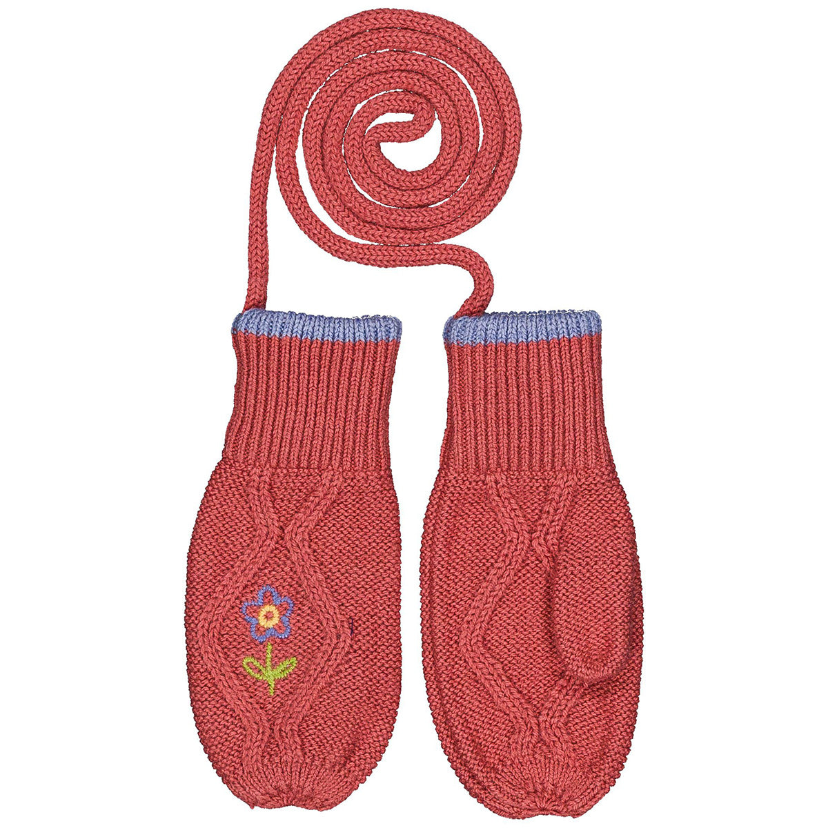 Hello Simone The Mouffy Mitten Cable Knit wool mittens with floral embroidery and long cords
