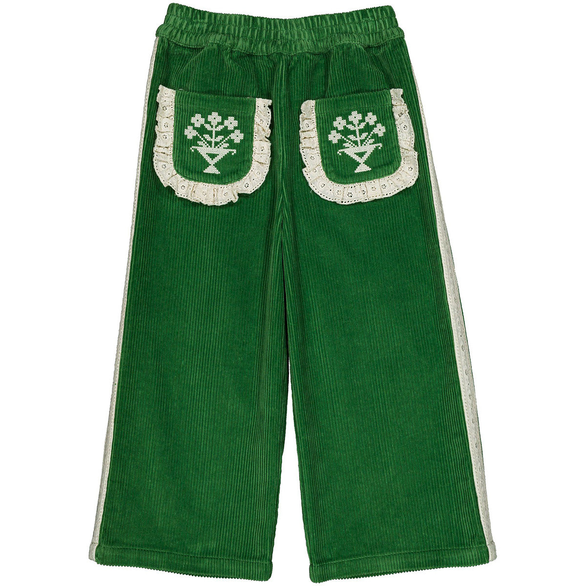 Mouna Pants by Hello Simone in velvet corduroy with flared legs and embroidered patch pockets.