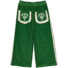 Mouna Pants by Hello Simone in velvet corduroy with flared legs and embroidered patch pockets.