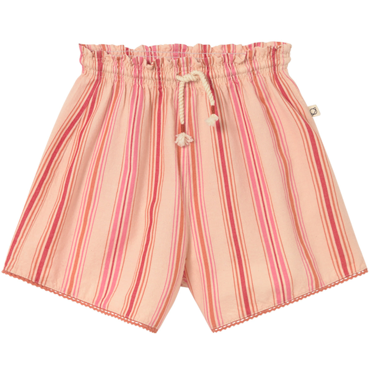 Cozmo Nia Shorts in pink striped cotton with elastic waistband, drawstring tie and relaxed fit.