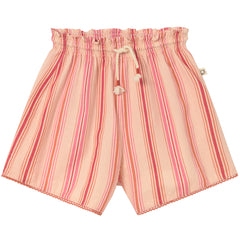 Cozmo Nia Shorts in pink striped cotton with elastic waistband, drawstring tie and relaxed fit.