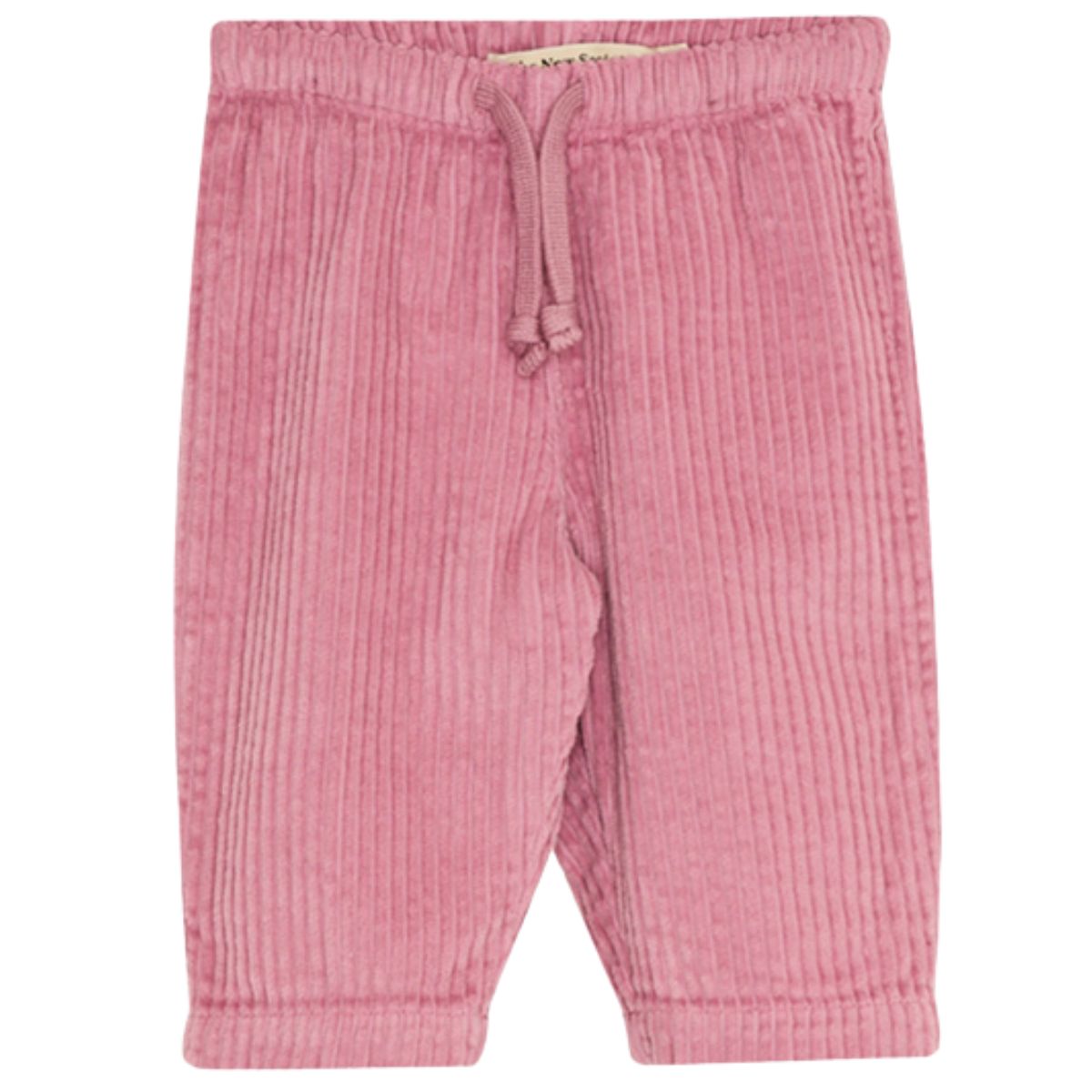 The Nicol Baby Pant from The New Society. Pink ribbed baby pants with adjustable waistband and drawstrings.