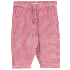 The Nicol Baby Pant from The New Society. Pink ribbed baby pants with adjustable waistband and drawstrings.