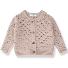 1+ in the Family The Nimes Cardigan pink openwork knit with Peter Pan collar and brown buttons