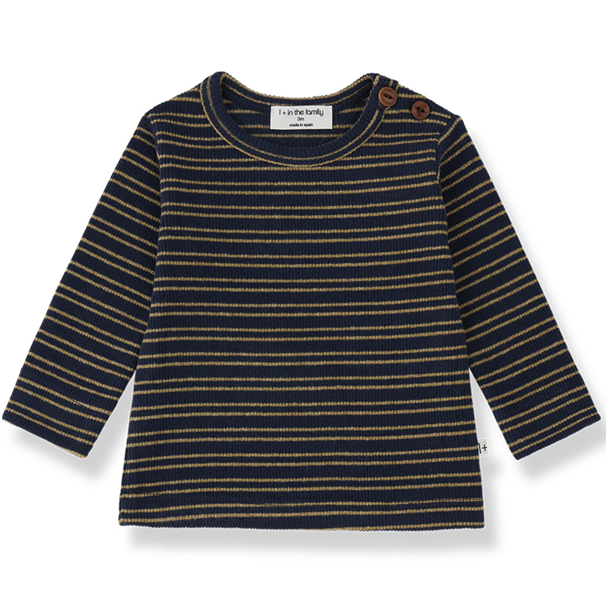 1+ in the Family The Nordegg Long Sleeve Tee with navy and tan stripes and shoulder buttons