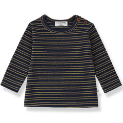 1+ in the Family The Nordegg Long Sleeve Tee with navy and tan stripes and shoulder buttons