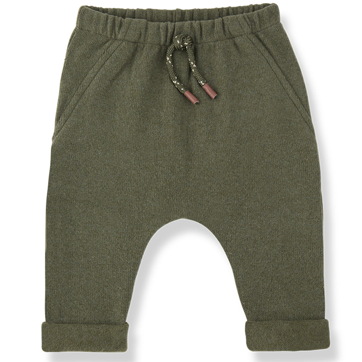 1+ in the Family The Nunavut Pants in olive green knit with drawstring and rolled cuffs