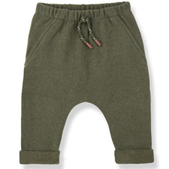 1+ in the Family The Nunavut Pants in olive green knit with drawstring and rolled cuffs