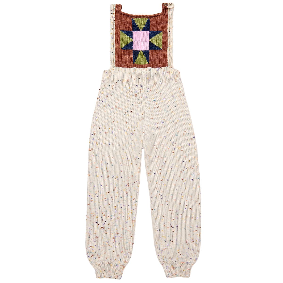 Baby Nova Quilt Overall by Misha & Puff in a heavier-weight Merino wool knit, with hand-worked intarsia on the front bib