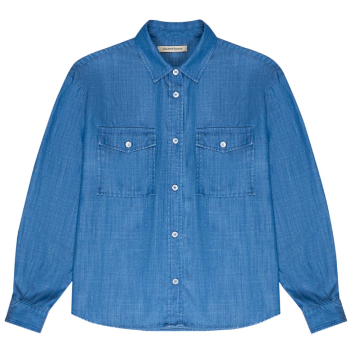 The Ophelia Shirt from The New Society. This wide long-sleeve shirt features a classic shirt collar, two front pockets.