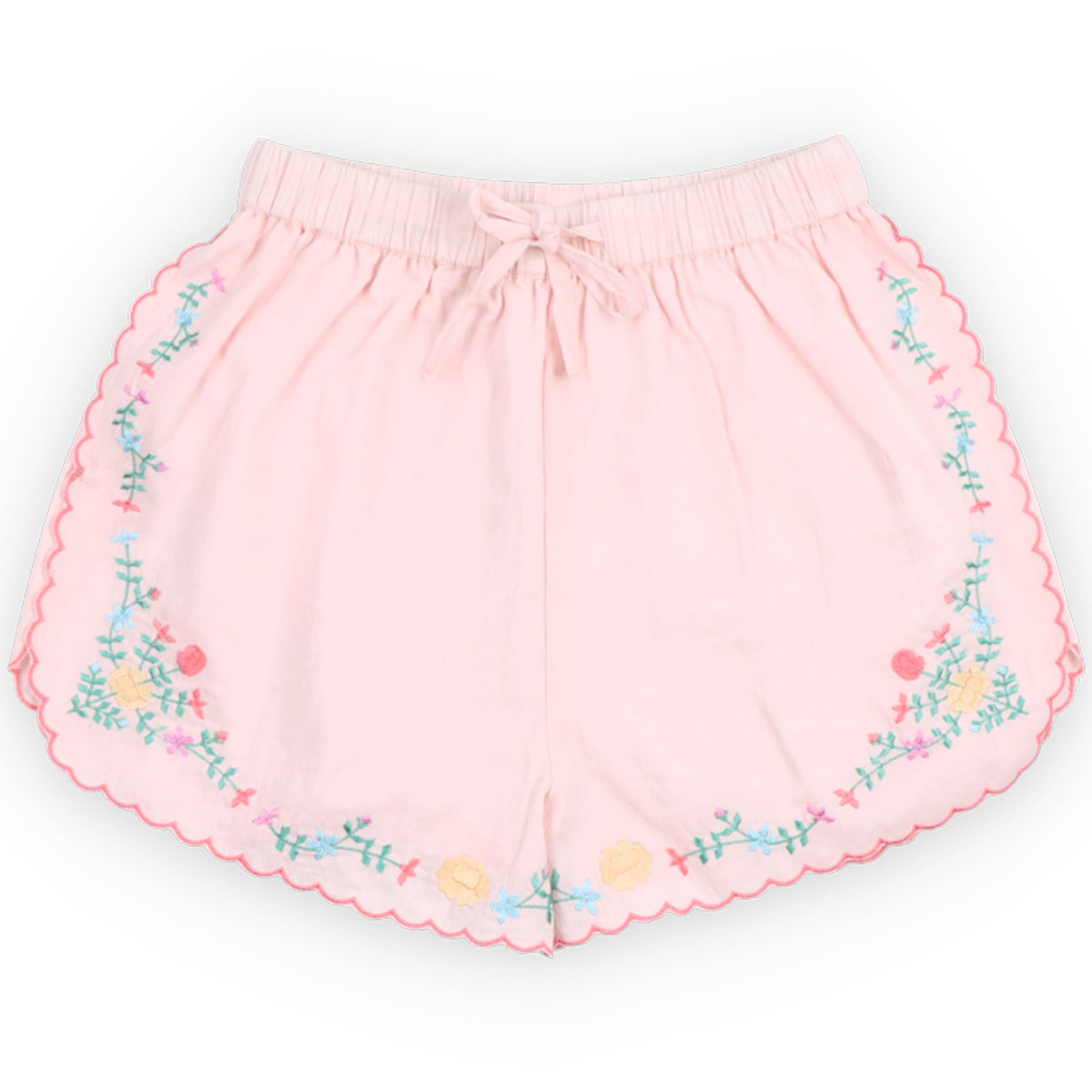 Orchid Short from The New Society in soft pink cotton with floral embroidery, scalloped hem, elastic waist with tie