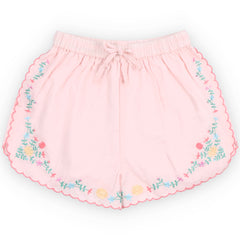 Orchid Short from The New Society in soft pink cotton with floral embroidery, scalloped hem, elastic waist with tie