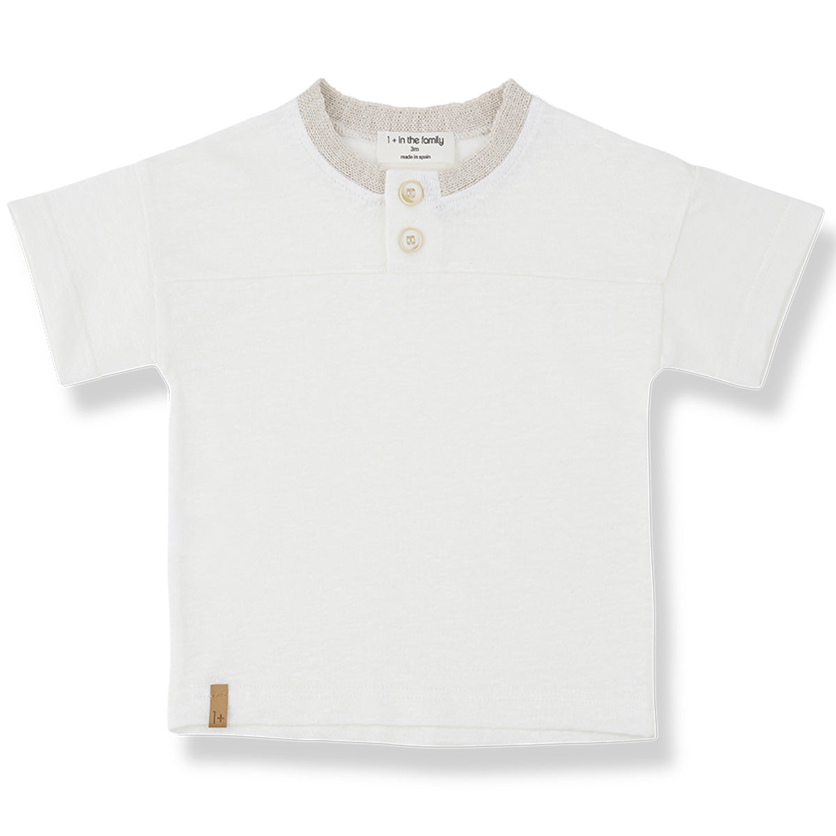 The Ordis Tee from 1+ in the Family in off-white with short sleeves and a two-button placket neckline.