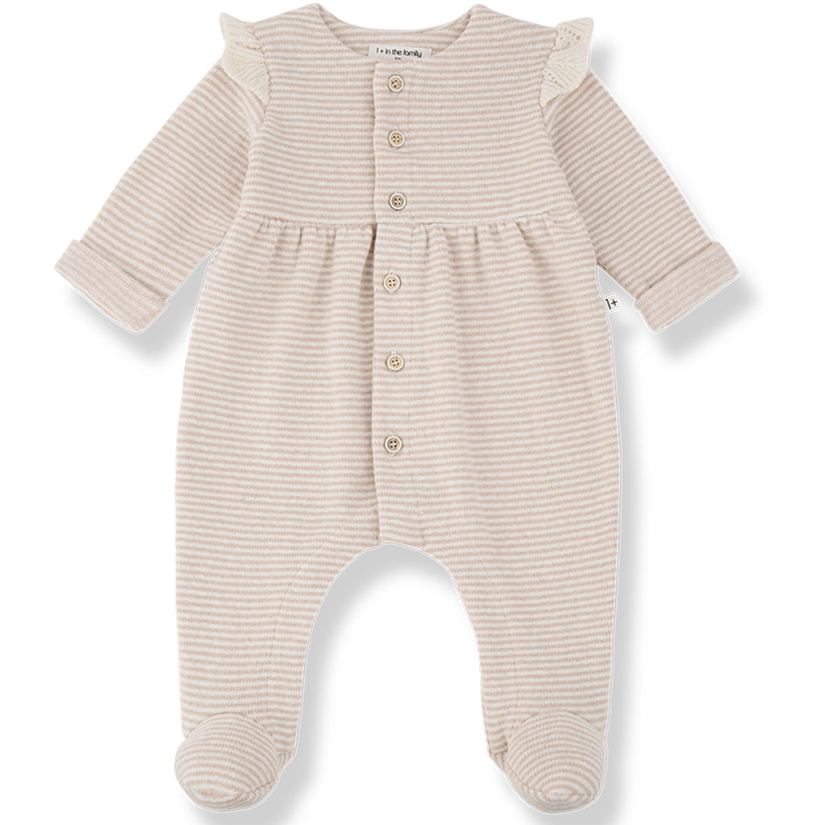 Orleans Jumpsuit with Feet by 1+ in the Family with beige stripes, shoulder ruffles and footed legs.