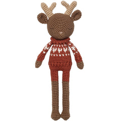 The Robin Reindeer Doll from Patti Oslo. Crocheted reindeer toy wearing a sweater on a white background.