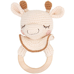 The Goldie the Giraffe Teething Ring from Patti Oslo. Crocheted giraffe rattle toy on a white background.