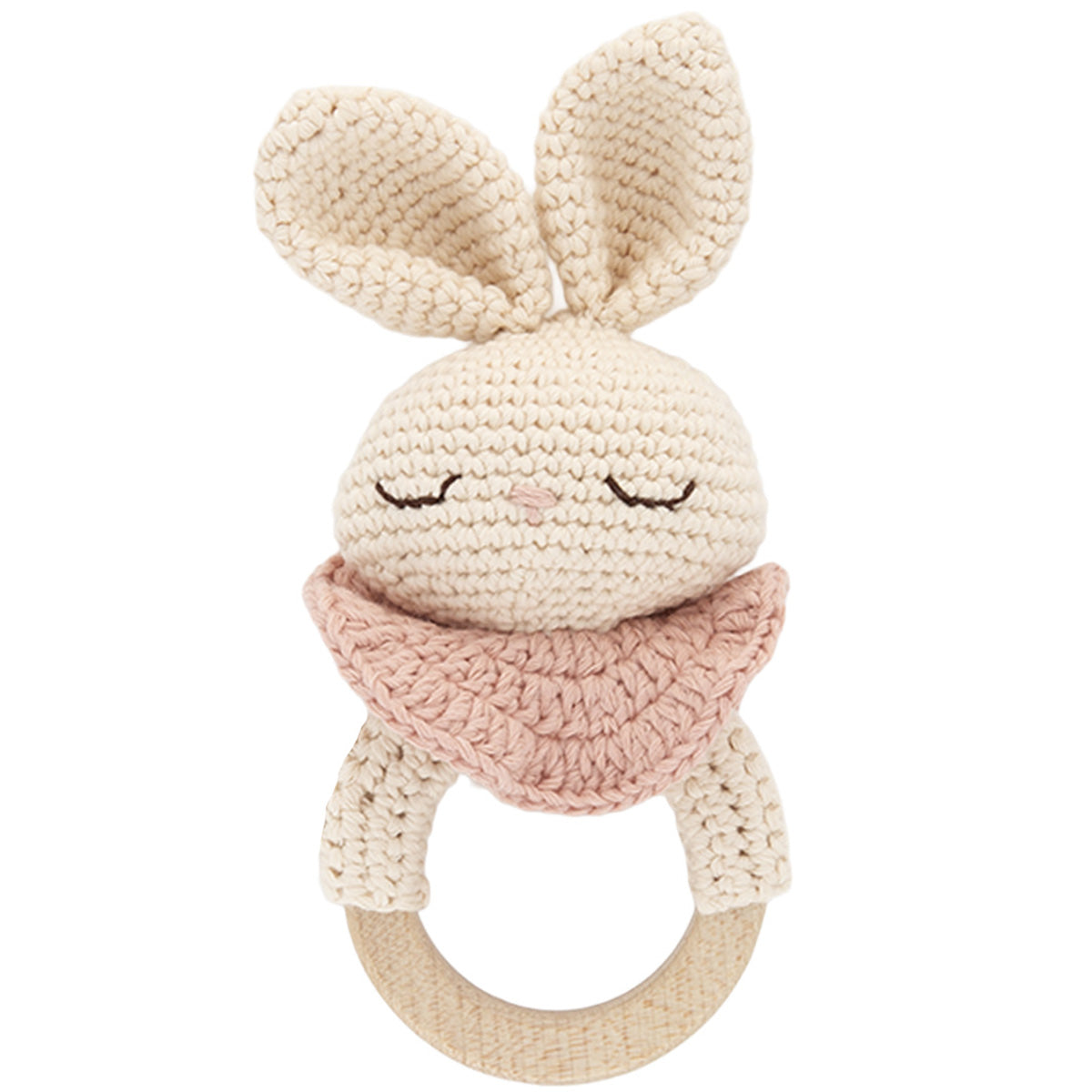 The Bunny Teething Ring from Patti Oslo, crochet bunny teether with a natural wooden ring for babies.