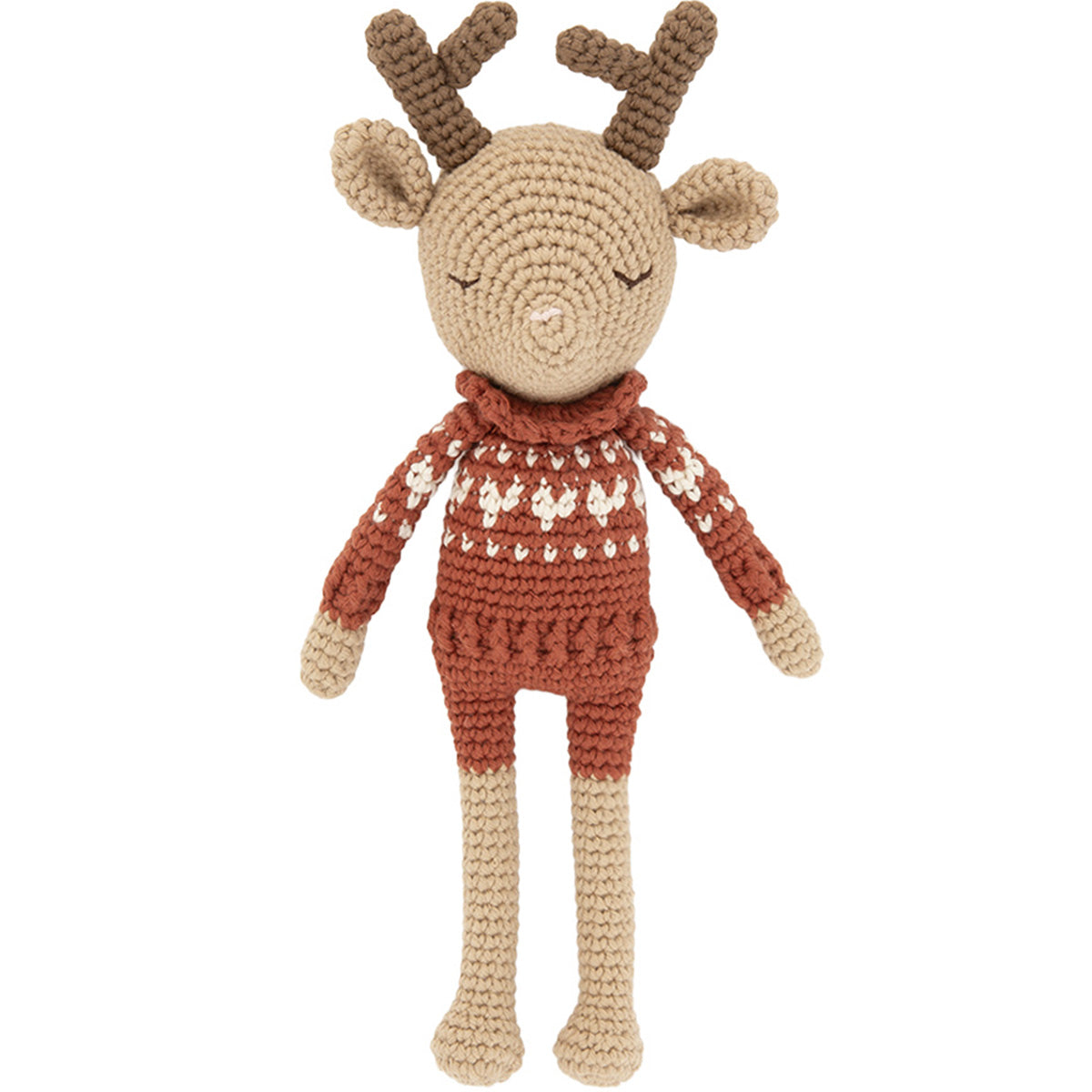 The Robin Reindeer Doll from Patti Oslo. Knitted reindeer toy wearing a sweater on a white background.