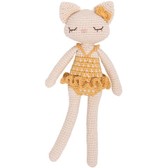 Camille the Housecat Doll from Patti Oslo, handcrafted crochet cat doll in a mustard dress with bow.