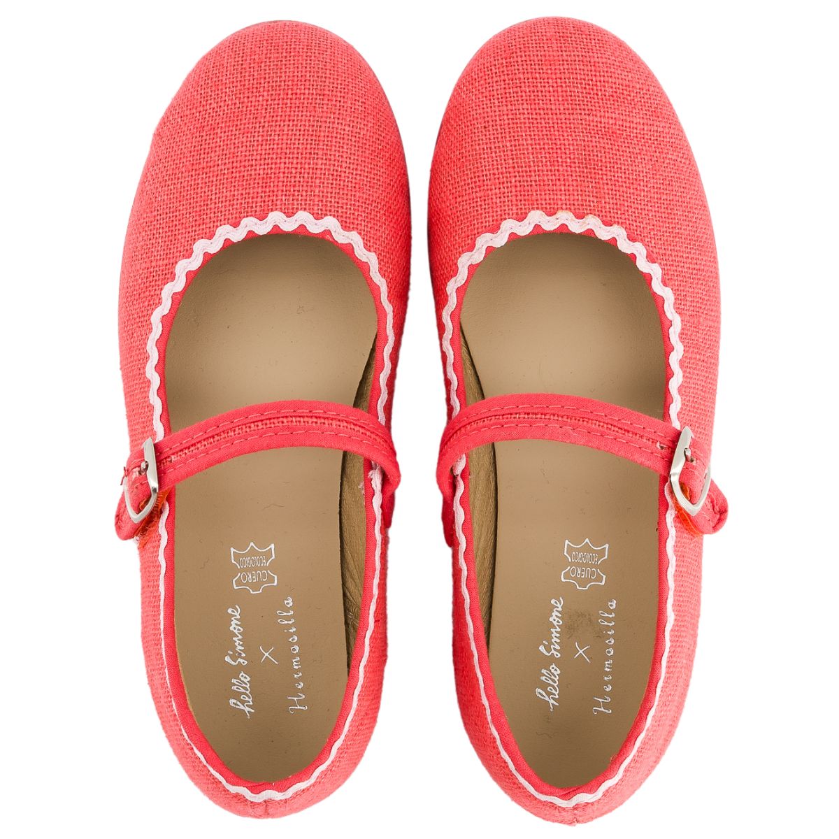 Hello Simone Ballerina Shoes, red Mary Jane flats with buckle strap and scalloped trim.