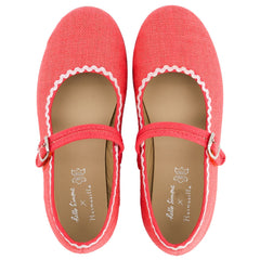 Hello Simone Ballerina Shoes, red Mary Jane flats with buckle strap and scalloped trim.
