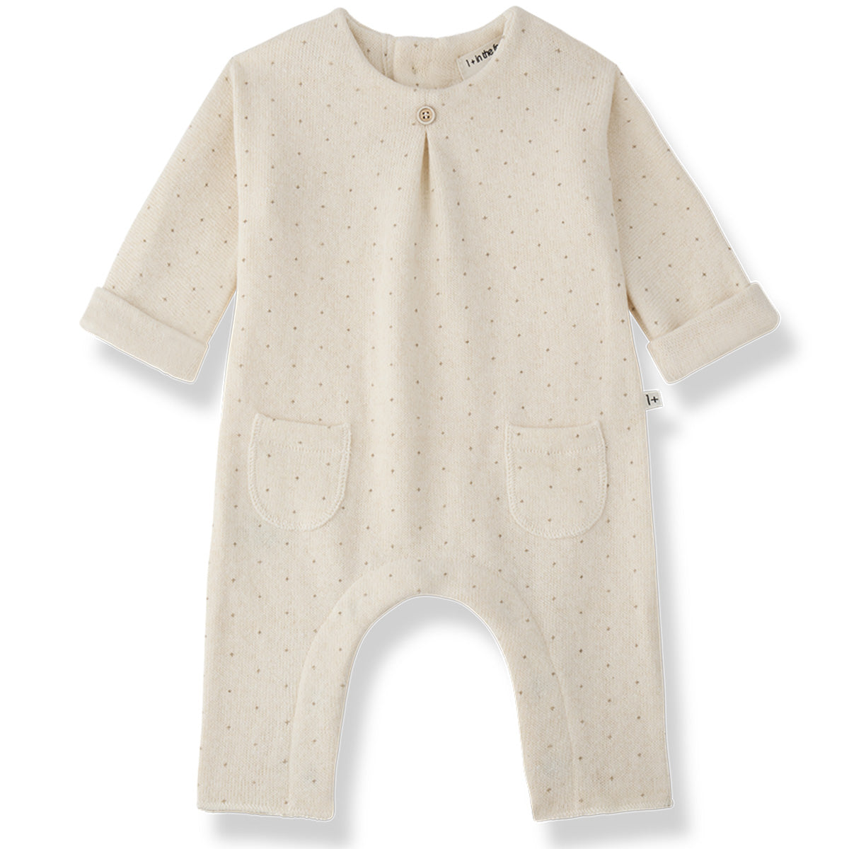 1+ in the Family The Pantin Jumpsuit in cream with dotted pattern and front pockets