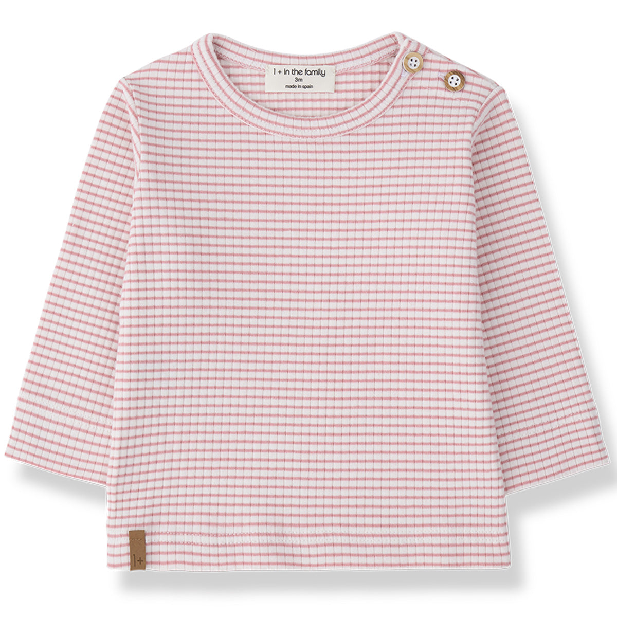 The Perello Long Sleeve Tee from 1+ in the Family with strawberry stripes, long sleeves, and shoulder buttons.
