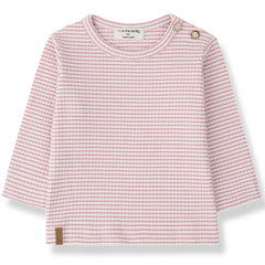 The Perello Long Sleeve Tee from 1+ in the Family with strawberry stripes, long sleeves, and shoulder buttons.