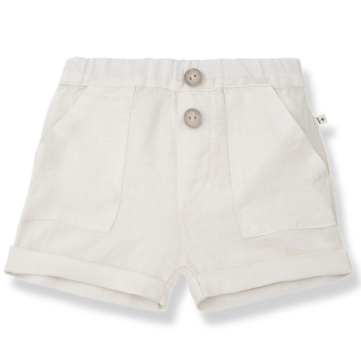 Peris Bermuda from 1+ in the Family. Classic off-white linen-blend shorts with an elastic waistband, button details.