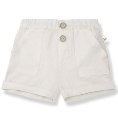 Peris Bermuda from 1+ in the Family. Classic off-white linen-blend shorts with an elastic waistband, button details.